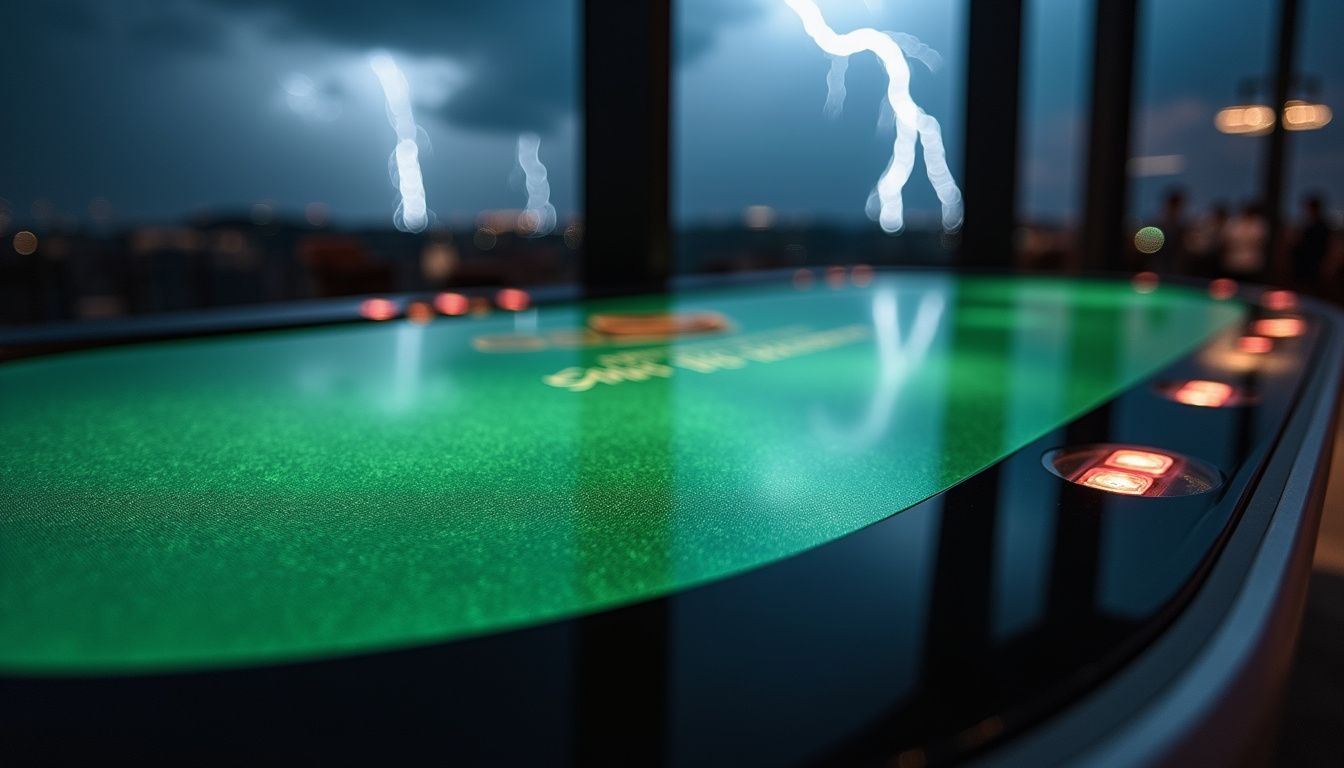 A close-up of a high-end digital blackjack table with stormy background.