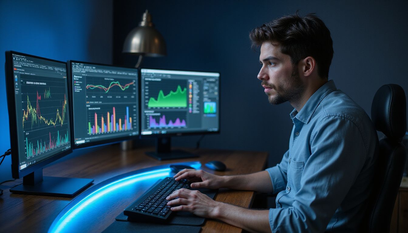 A person working at a desk with multiple computer monitors.