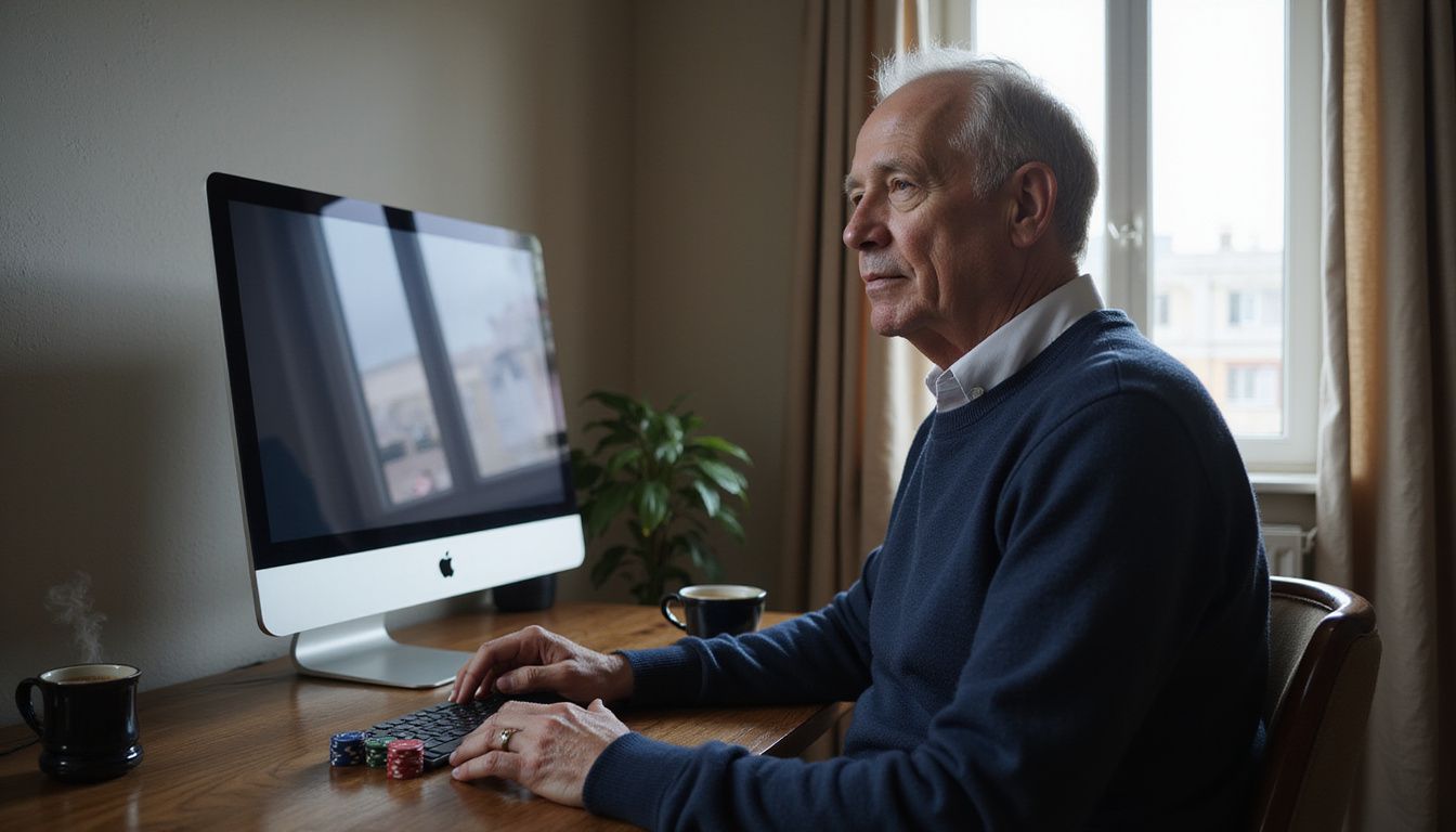 An elderly man sits at a computer desk, focused on his Nano Coin casino account.