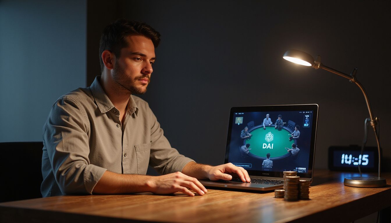 A person sitting at a modern desk, playing on a DAI casino website.